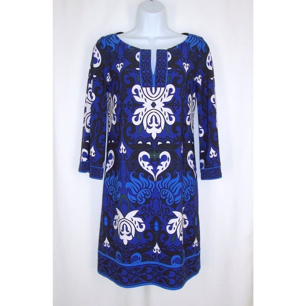 Laundry by Design Blue Floral Shift Dress 4 S Stretch Knit 3/4 Sleeve